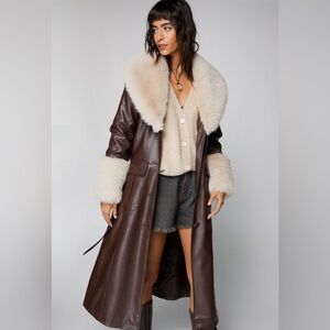 New nasty gal Luxurious Brown faux Leather Coat with Cream Fur Trim Sz 6